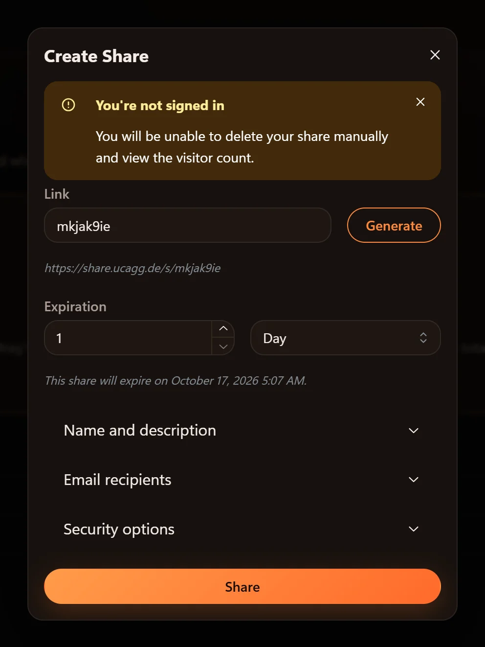 The Create Share dialog with link, expiry and options