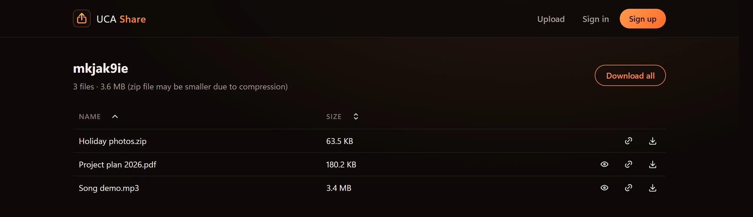 A shared folder with three files to download