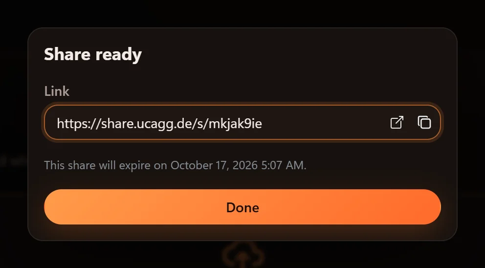 The Share ready dialog with the link to copy