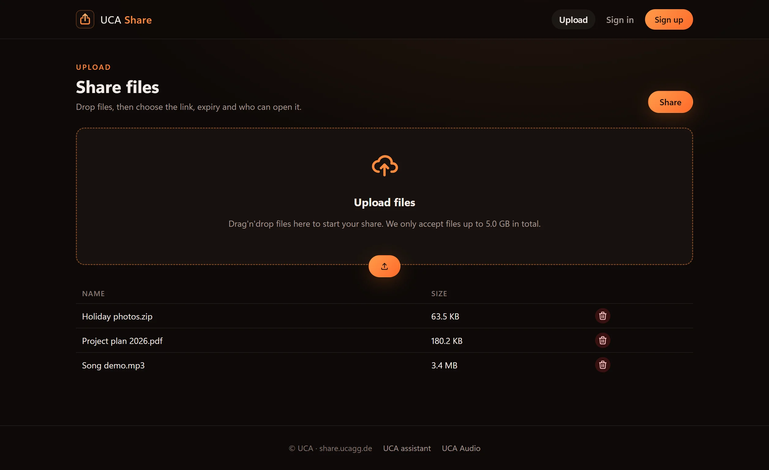 The upload page with three files ready to share